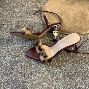 Leopard Faux-Fur Strap Burgundy Heeled Sandals